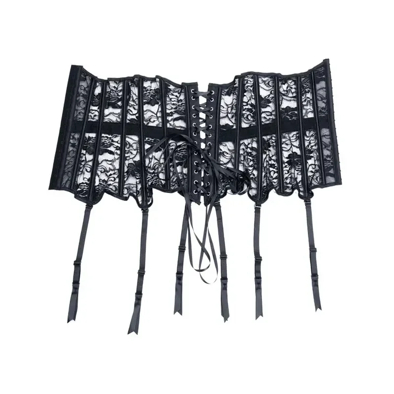 Women Black Bustiers & Corsets Cincher Sexy With Garter Belt Lace Mesh Breathable Underbust Corset Waist Trainer Slim Bustiers
