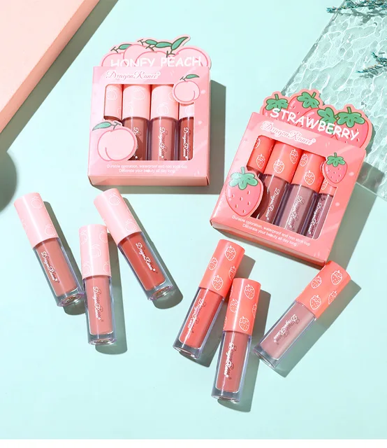 Mini Velvet Matte Lip Gloss Set, 4-Piece Non-Fading, Non-Stick Cup, Long-Lasting Fruit Scented Lip Tint, Smooth and Lightweight 2