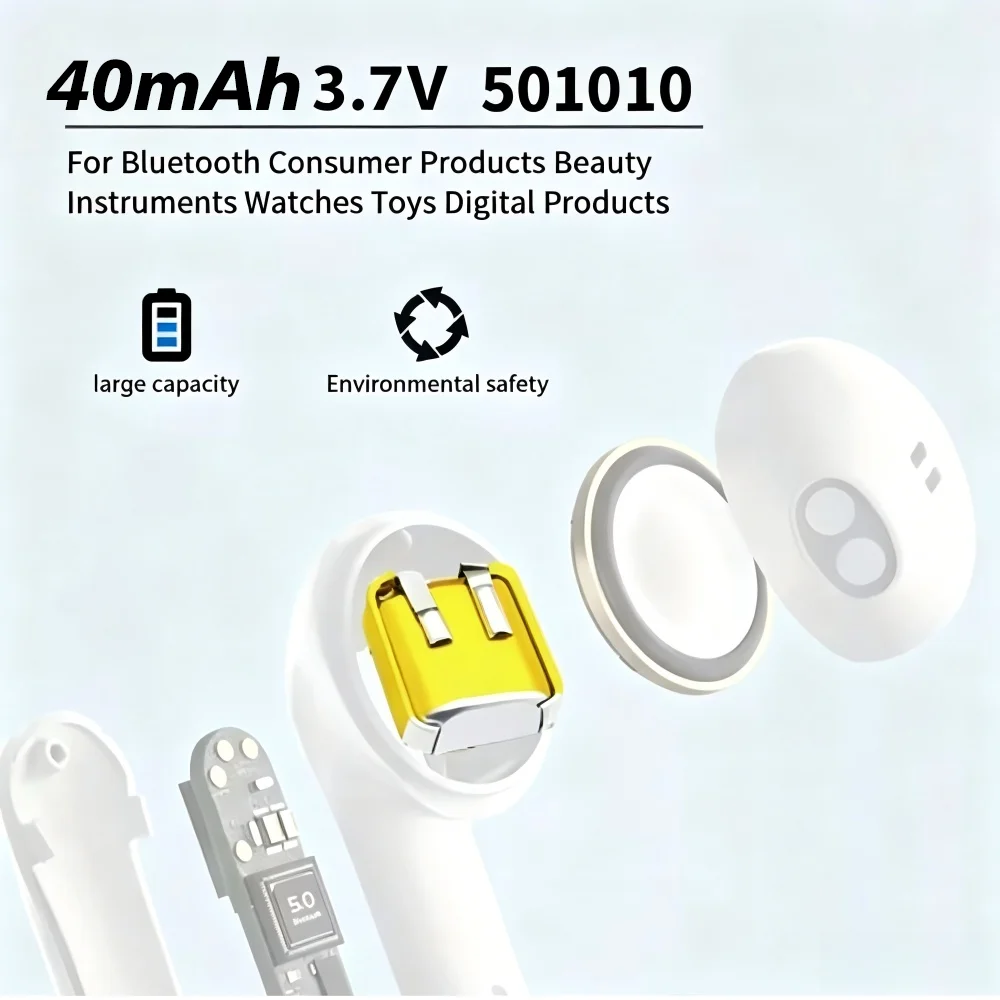 Batteria 501010 3.7V 40mAh Lipo Ricaricabile, Batterie ai Polimeri di Litio per Auricolari Bluetooth, Mp3/mp4, Smartwatch, GPS - immagine 5