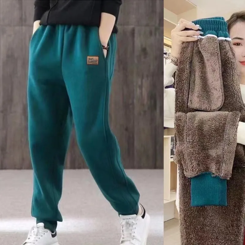 Women's Elastic Waist Drawstring Solid Pocket Three-dimensional Decoration Pants Winter Loose Cashmere Casual Sports Pants