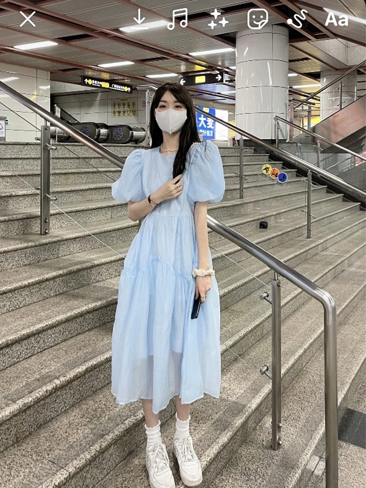 Mesh Blue Midi Short Sleeve Dresses For Women Aesthetic 2022 Summer High  Waist Korean Style Casual Tender Sweet Retro New Chic - Dresses - AliExpress