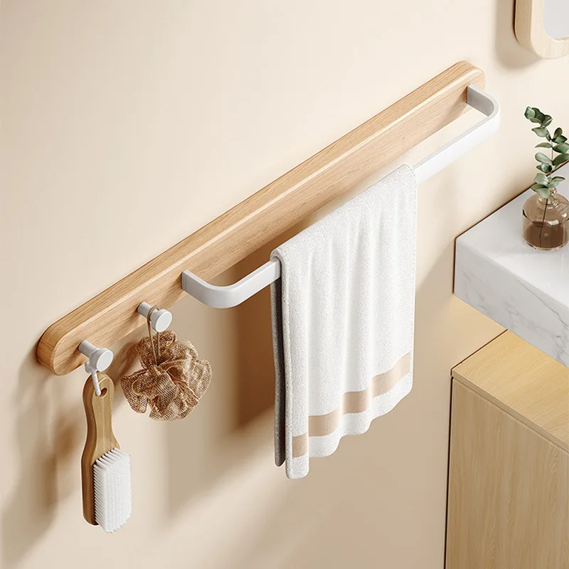 HeMu Towel rack without punching toilet rack bathroom with hook bath towel space aluminum hook wood towel rod