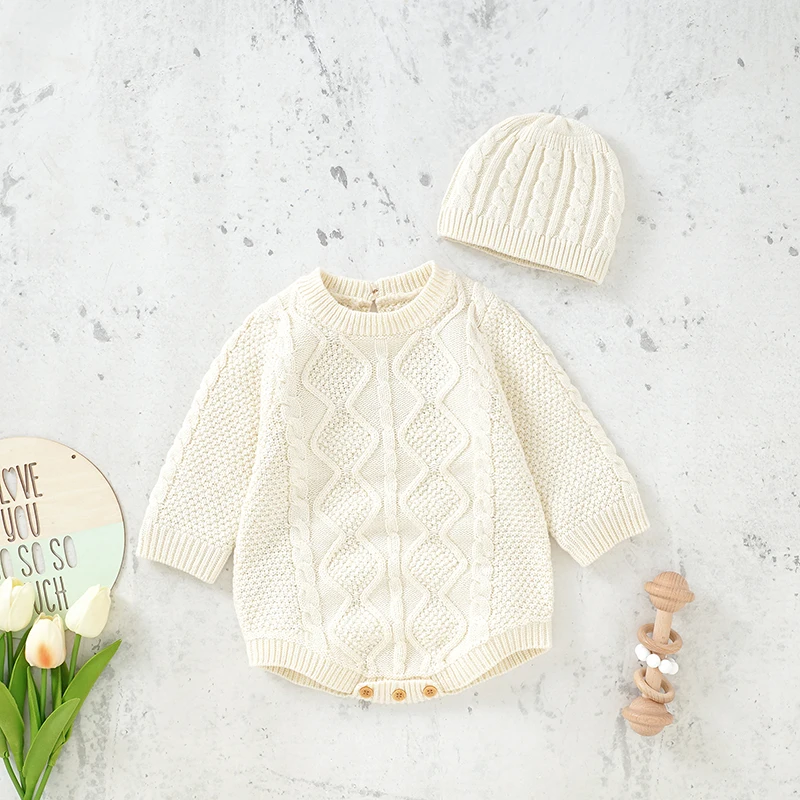 

Newborn Baby Bodysuits Winter Warm Knitted Infant Kids Boys Girls Onesie Hats Caps Suit Autumn Long Sleeve Toddler Kids Knitwear