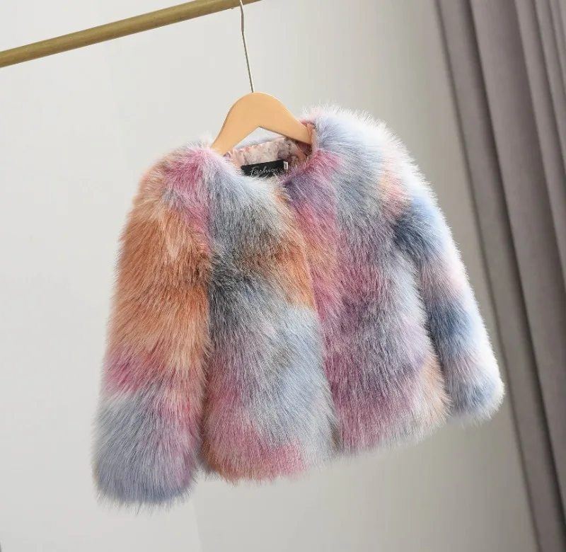 Winter Patchwork Fur Coat for Girls Short Round Neck - Uniqwear
