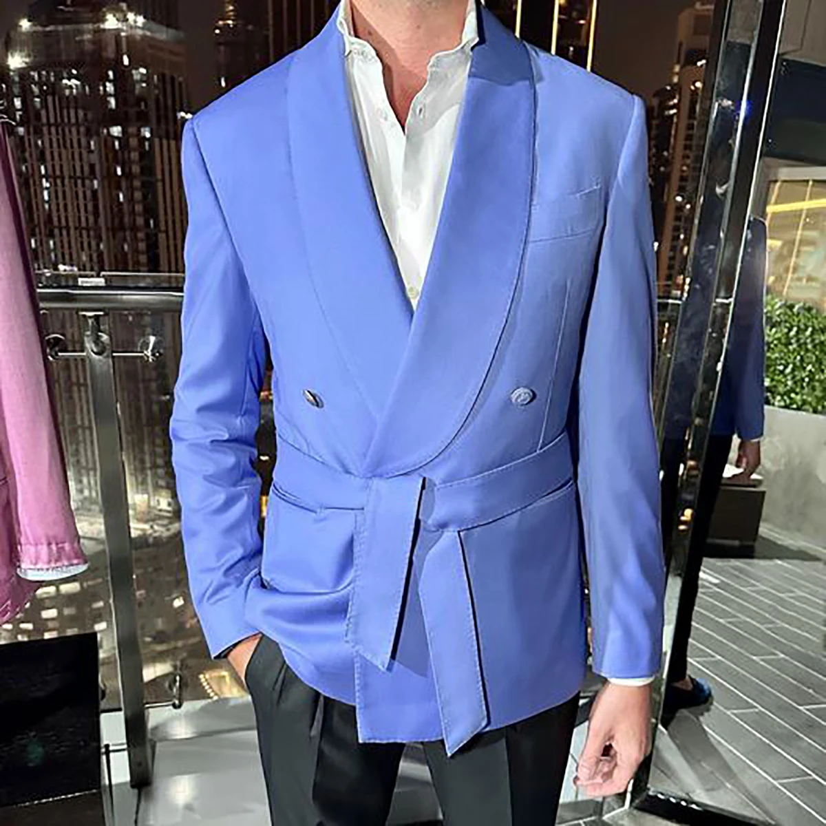 Fashion Men Suits Tuxedo Shawl Lapel Double Breasted Belt Pockets 2 Pieces Blazer Pants Tailored Groom Handsome