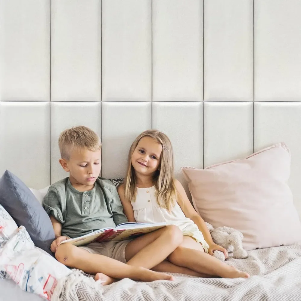 Peel and Stick Headboard for King,Full and Queen in Velvet Pearl,Pack of 12 Panels 9.84" x 23.62",Soundproof Upholstered 3D