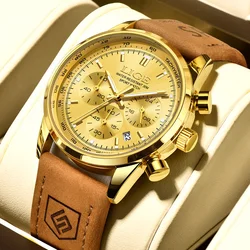 LIGE Luxury Men's Waterproof Chronograph Leather Quartz Watch (Gold)