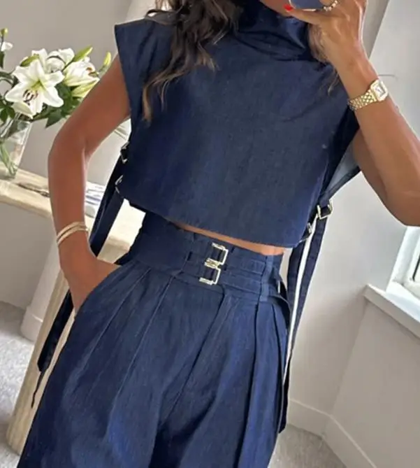 2024 Women's Summer Set Short Tank Top Casual Belt Decoration High Neck Short Sleeve and Long Pants Slim Fit Long Set