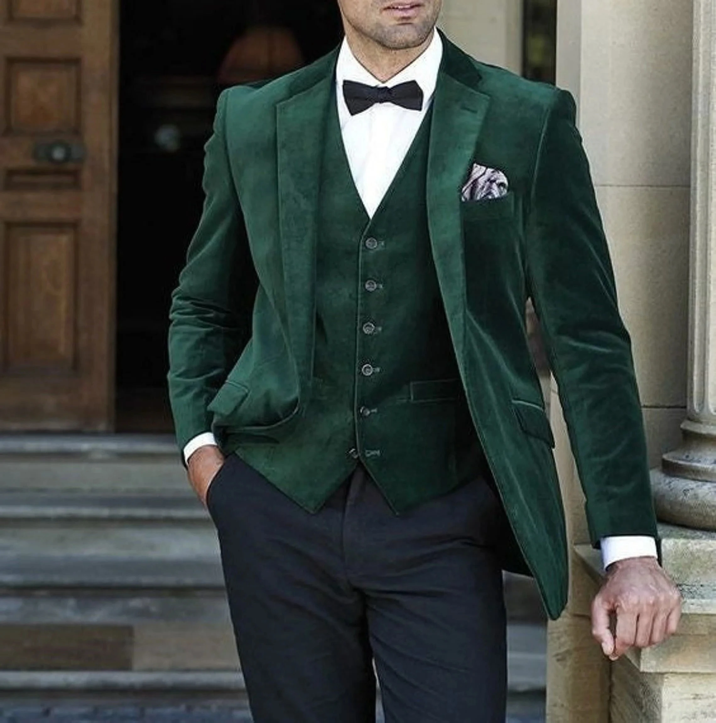 Wedding Men Suits Party Prom Suits Green Velvet Formal Groom Wear Tuxedo 3 Pieces Custom Made Cotume Homme（Jacket+Pants+Vest）