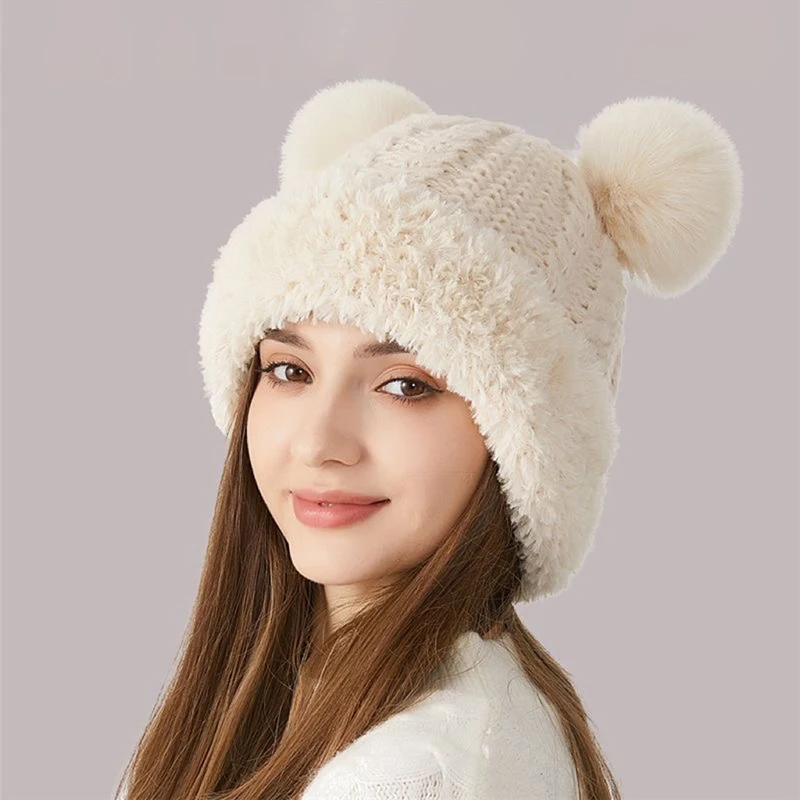 Winter Warm Knitting Hat For Women Double Pompom Thick Plush Cap Solid Color Ladies Anti-cold Ski Snow Beanie 2