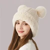 Winter Warm Knitting Hat For Women Double Pompom Thick Plush Cap Solid Color Ladies Anti-cold Ski Snow Beanie 2