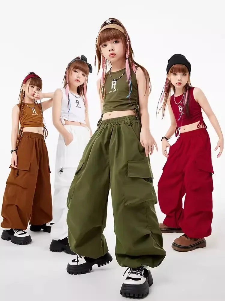 

Street Dance Hiphop Performance Outfits Rave Jazz Dance Costume Girls Hip Hop Clothing Crop Tops Loose Cargo Pants Kids