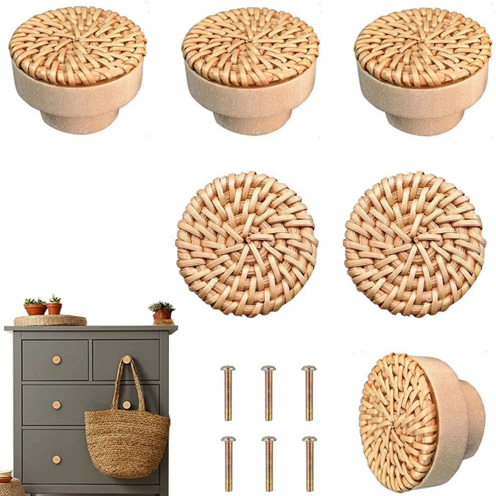 2-48pcs Rattan Wooden Handles Round Handmade Cabinets Drawer Pulls Wood Kitchen Cupboard Wardrobe Door Dresser Knobs