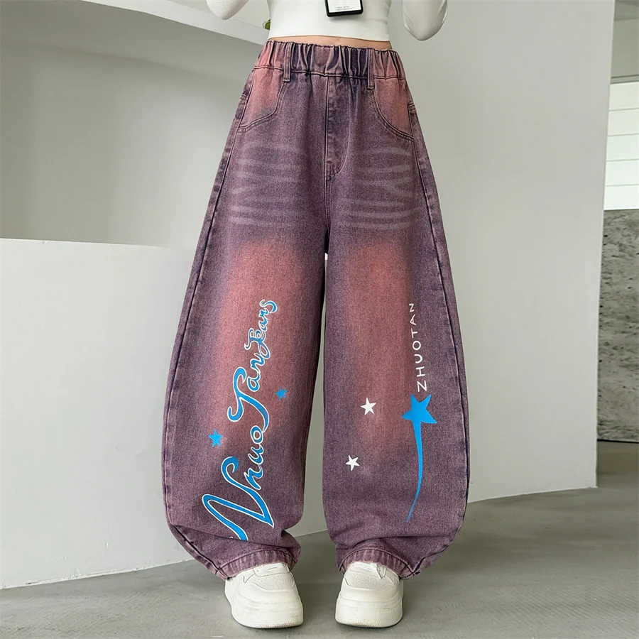 한국 스트리트 스타일 어린이 봄 와이드 레그 멀티 컬러 곡선 청바지 어린이를위한 문자 인쇄가있는 소녀 힙합 데님 바지