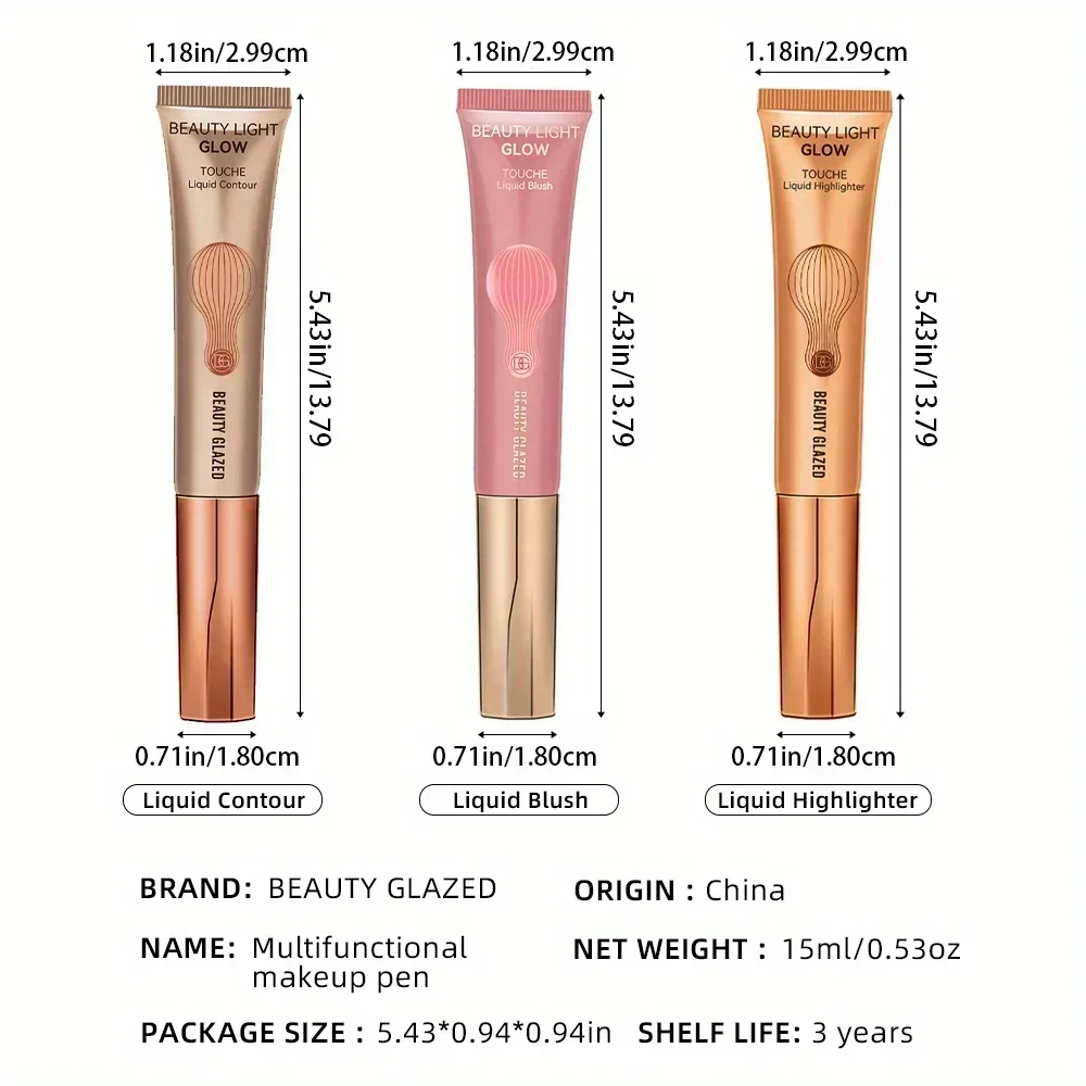 3pcs Makeup Set, Blush Liquid, Highlighter Liquid, Contour 3pcs Multicolor Multifunctional Cosmetics Set for Novices