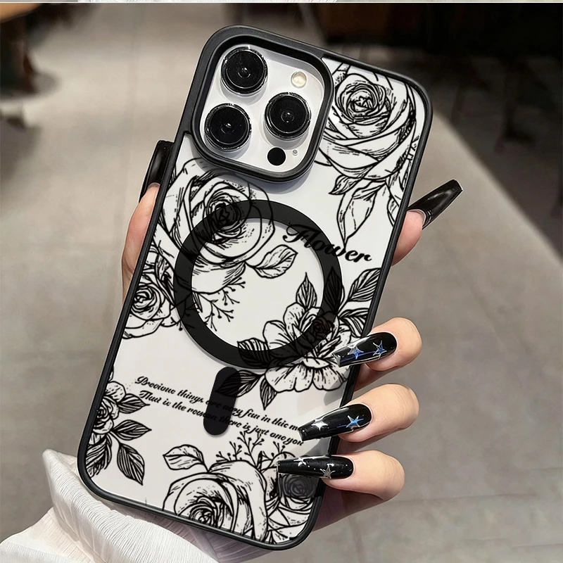 Elegant Black Rose Clear Phone Case with Magsafe Compatibility