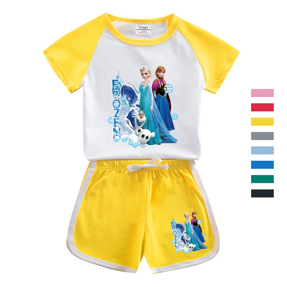 

Girls Casual Tracksuit Outfit Summer Children Short Sleeve T-shirt Shorts Two Piece Set Disney Frozen Elsa Print Costume Clothes