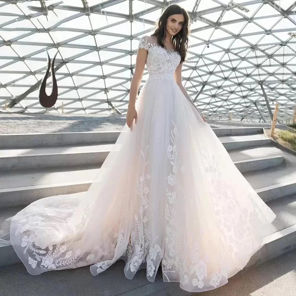 

Boho A Line Tulle Wedding Dresses For Women Cap Sleeve Lace Applique Sheer Scoop Neck Robes De Mariee Princess Bridal Gowns 2024