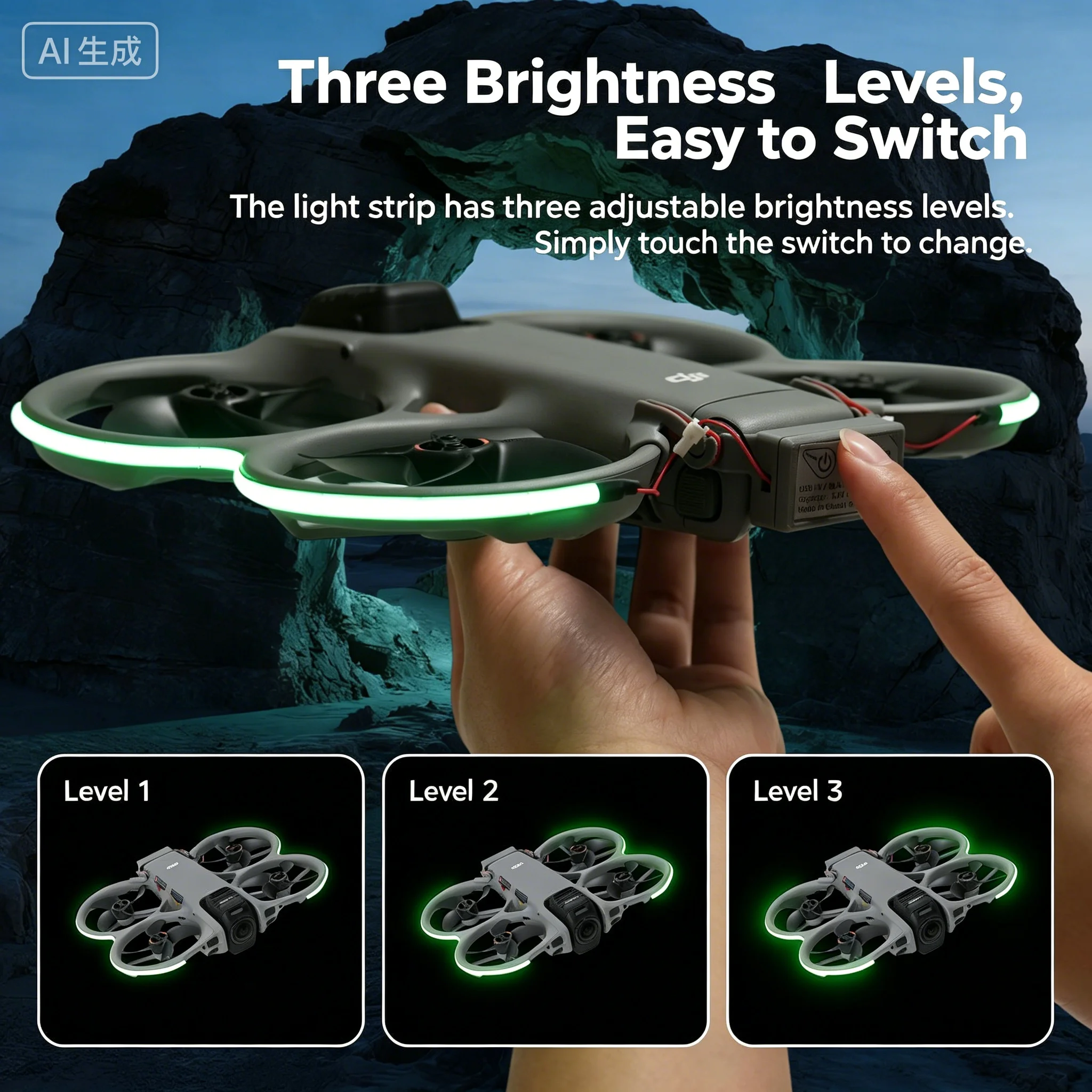 Bande lumineuse LED pour drone DJI Mini 3 Pro montée sous les hélices, éclairant en vert.