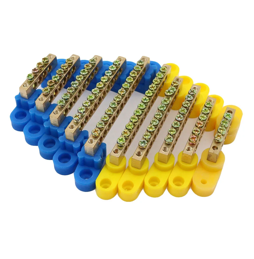 Blue yellow Bridge Design Zero Line 4-12 Pole Screw Brass Copper Grounding Strip Terminal Block Connector Earth And Neutral wire connectors din rail terminal block ground bar connector