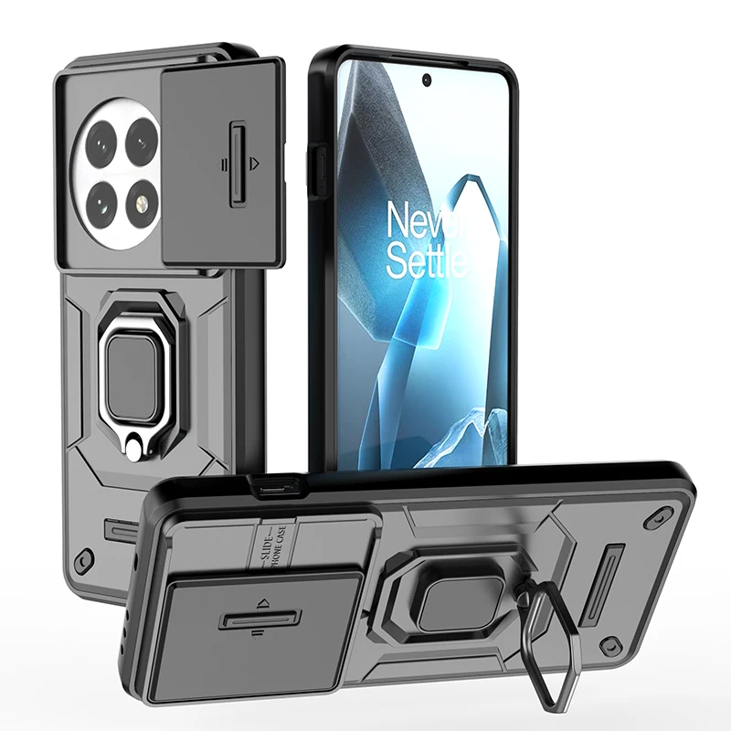 Slide Lens Protect Armor Phone Case with Car Magnetic Ring Holder and Back Cover