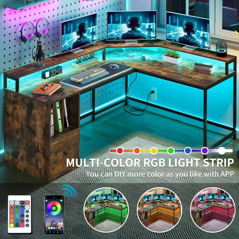 L Shaped Desk Power Outlets LED Lights 67" Computer Desk File Drawer Corner Home Office Monitor