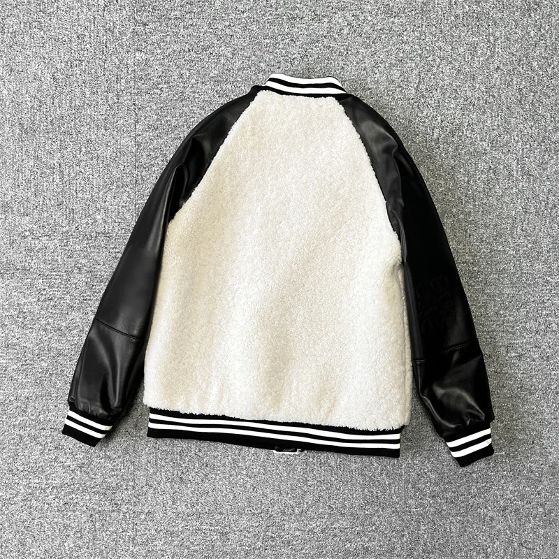 Autumn Winter Korean Style Women's High Quality Casual Wool Patchwork Sheepskin Leather Jackets B723