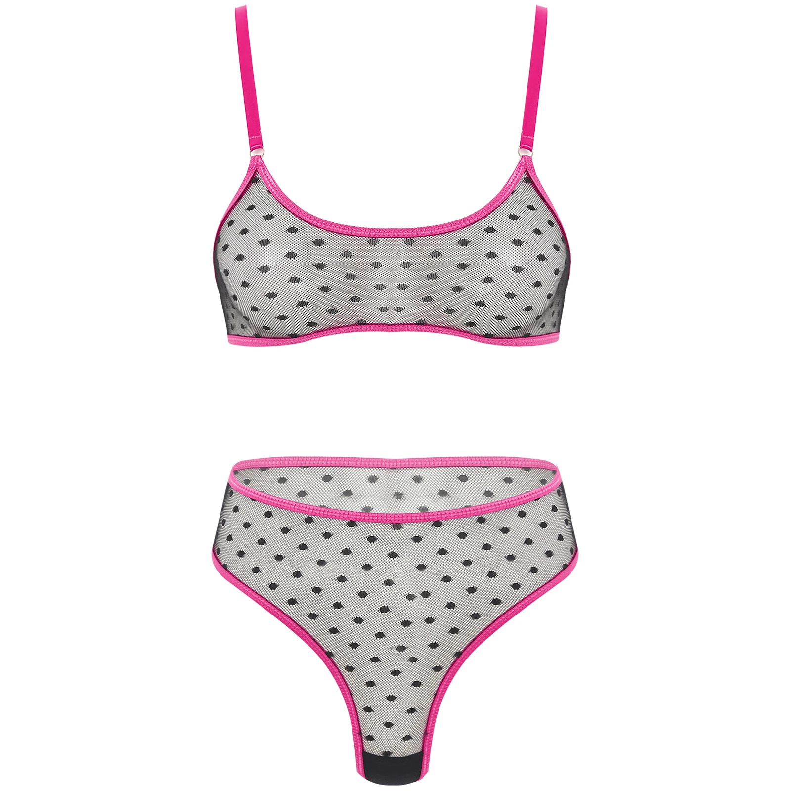 thumbnail image 1 of Conjunto de lencería microbikini con sujetador de malla de lunares transparentes para mujer, sujetador con tirantes finos, Top y Tanga de cintura alta, ropa interior, 1 of 5