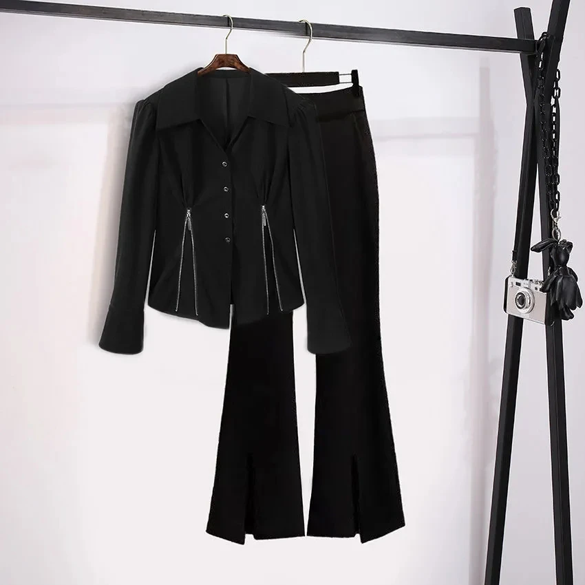 2023 Autumn New Women Clothing Fashion Slim Zipper Shirts Flare Pants 1 or 2 Piece Set Lady Casual Polo Collar Top Trousers Suit
