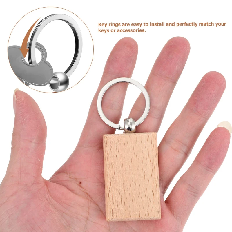 20Pcs Wooden Keychains Blank Wood Key Chain Rectangle Unfinished Wooden Key Ring Key Tags DIY Keychain Supplies