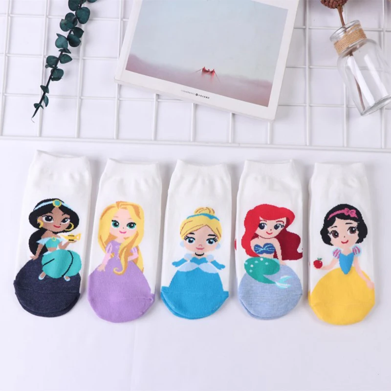 Disney Princess Socks Summer Women Socks Cartoon White Snow Anna Socks Cute Ankle Cotton Girl Socks Adult Kids Short Sock
