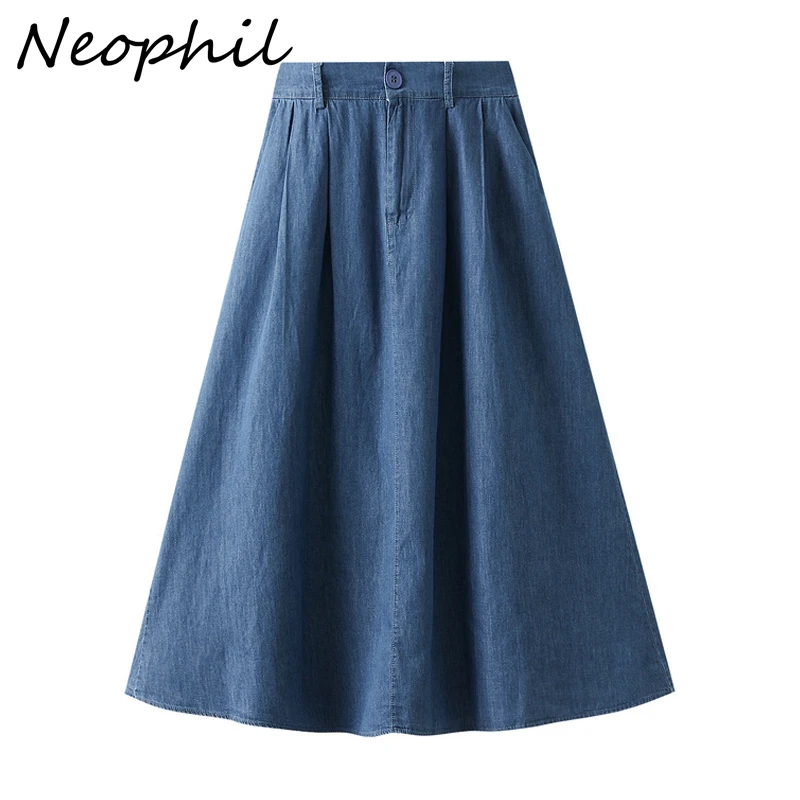 Neophil Vintage Women Denim Long Skirts Solid Korean Loose Elastic Waist Jean Skirt With Pockets 2023 Autumn Fashion Longa Saia 2022 autumn winter women skirt pu leather sexy mini skirt with pockets zipper a line package hip high waist women clothing