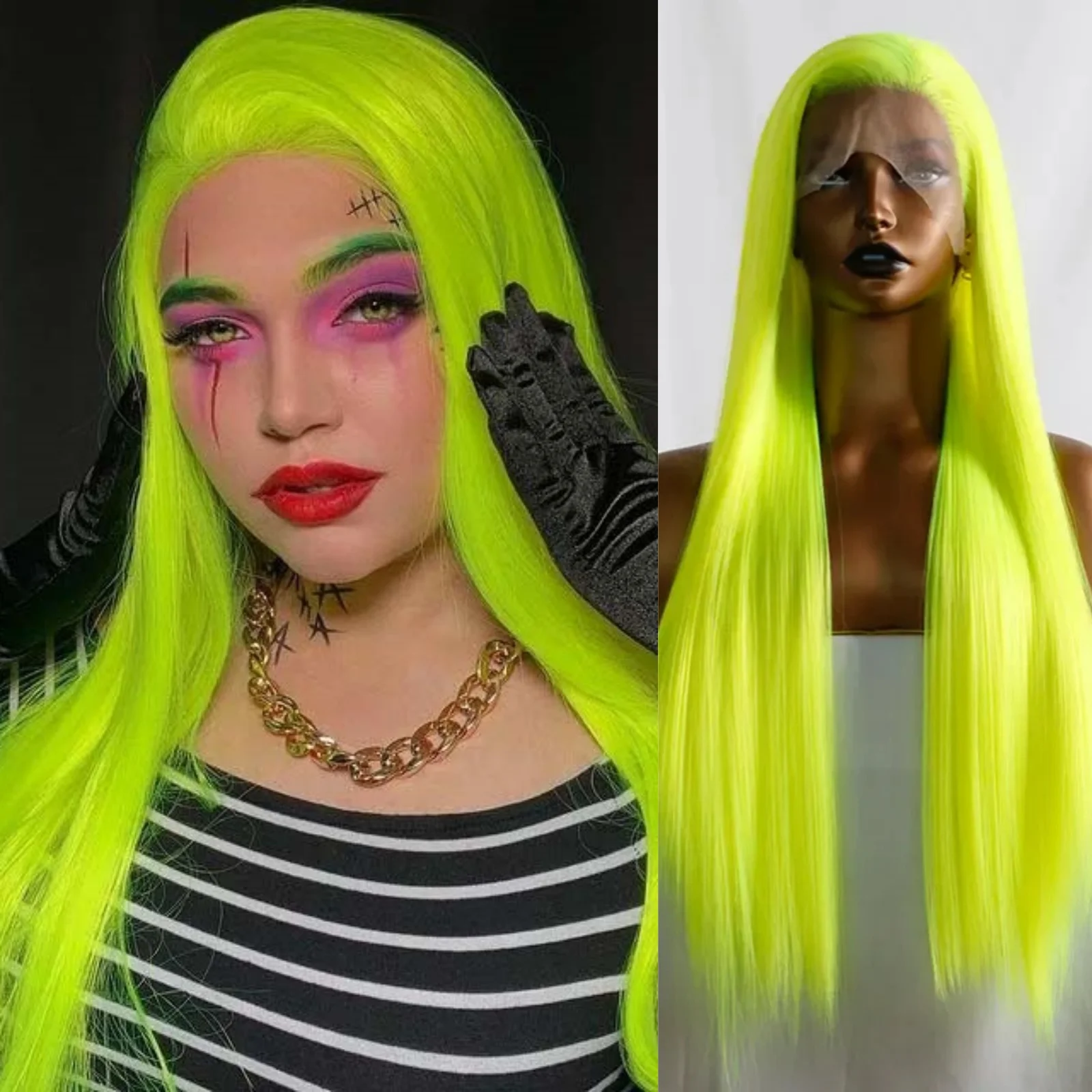 Green Wig Straight Synthetic Lace Front Wig Long Fluorescent