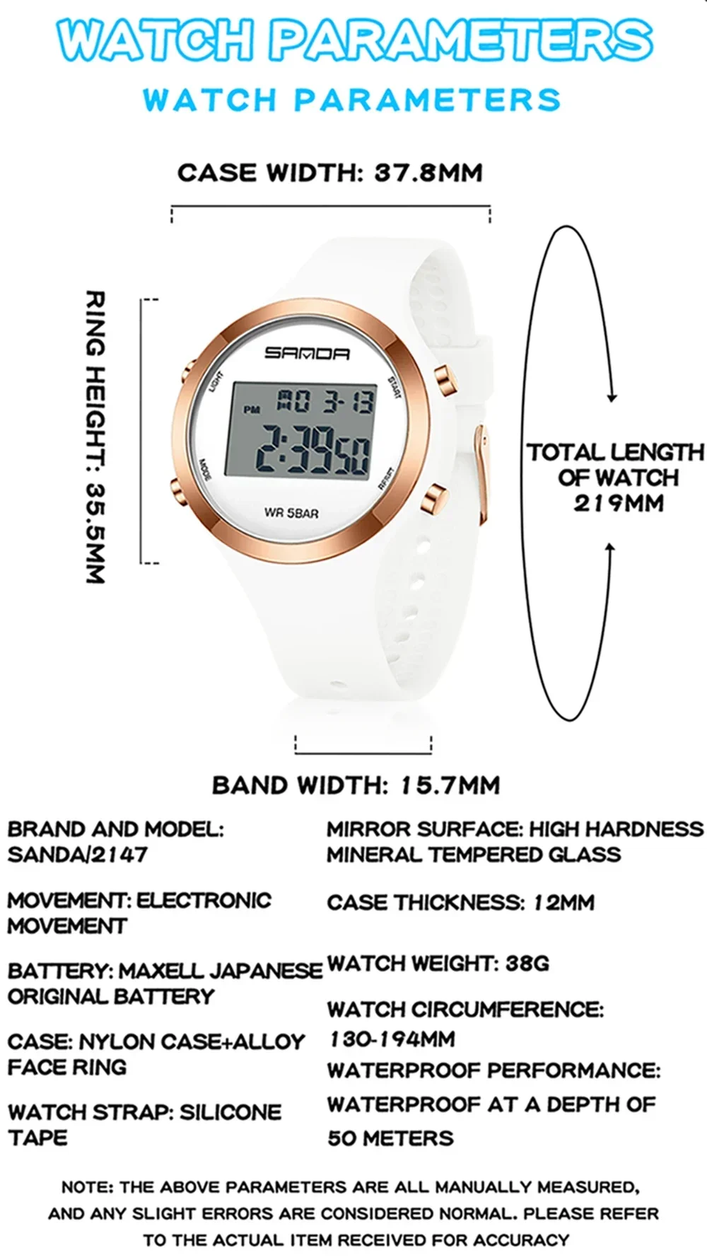 SANDA 2147 Montre numérique élégante et étanche pour femmes, chronographe LED, montre-bracelet de sport pour femmes, cadeau pour garçons et filles_voghion.com