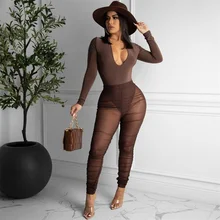 

Znaiml 2022 Womens Two Piece Set Tracksuit Women Bodysuit Top Pleated Biker Tights Sets Sheer Mesh Pants Suits Club Streetwear