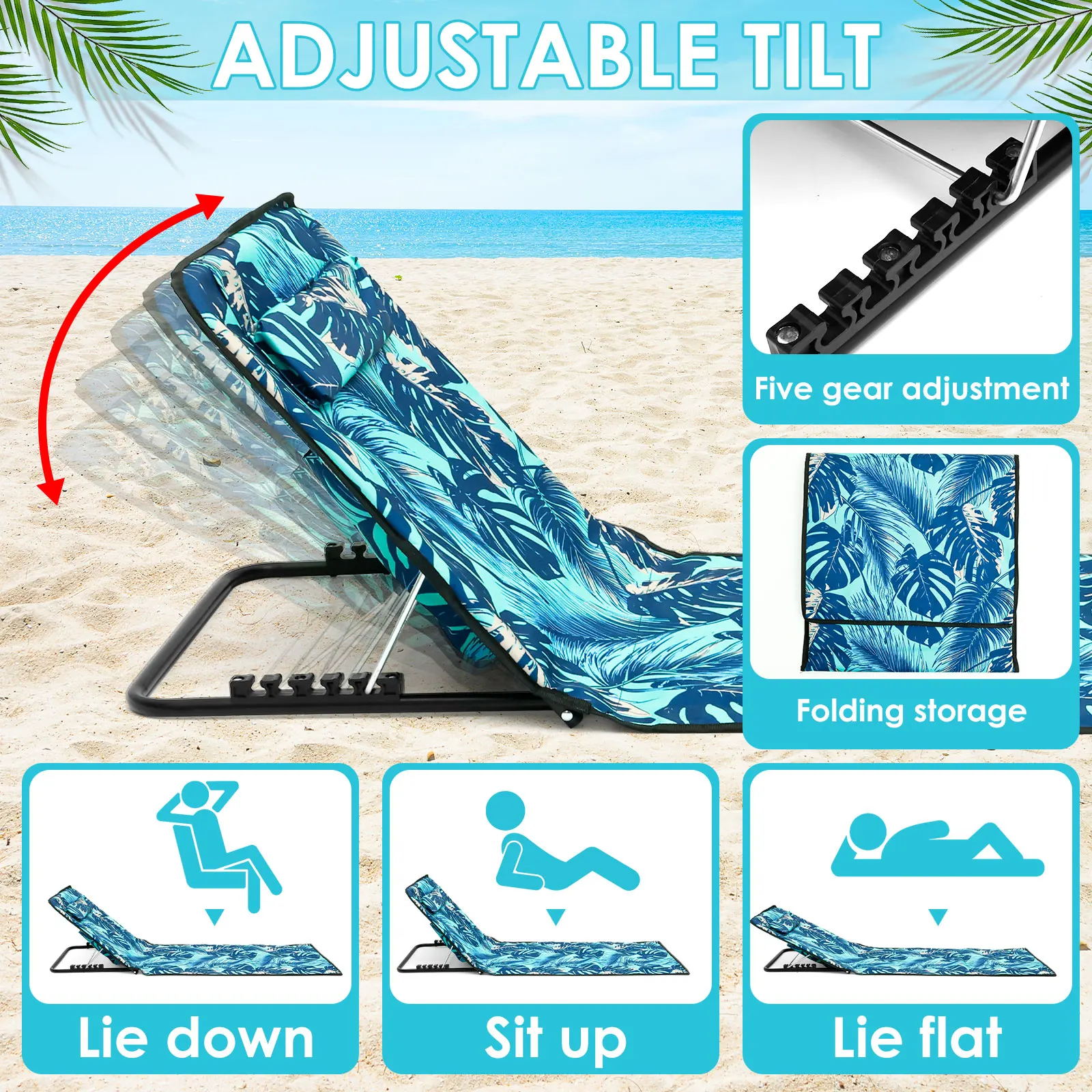 Beach Sun Chair Mat Oxford Cloth Waterproof Sunbathing Recliner With Pocket Adjustable Tilt Angle Portable Folding Tanning Mat