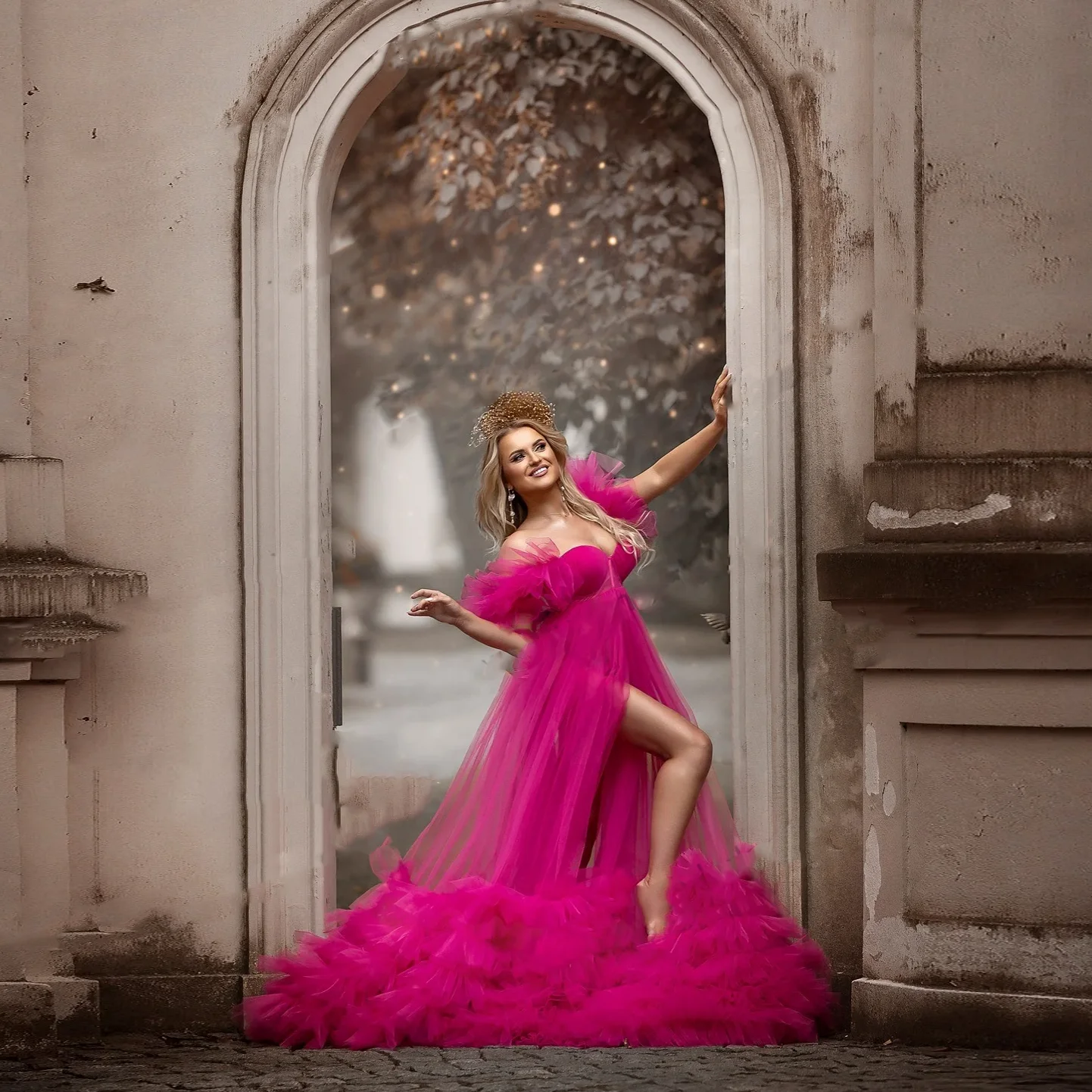 

Fuchsia Party Dresses Sexy Split Sweetheart Tulle A Line Photograohy Women Dresses Lush Women Prom Gowns Ruffle Photoshoot