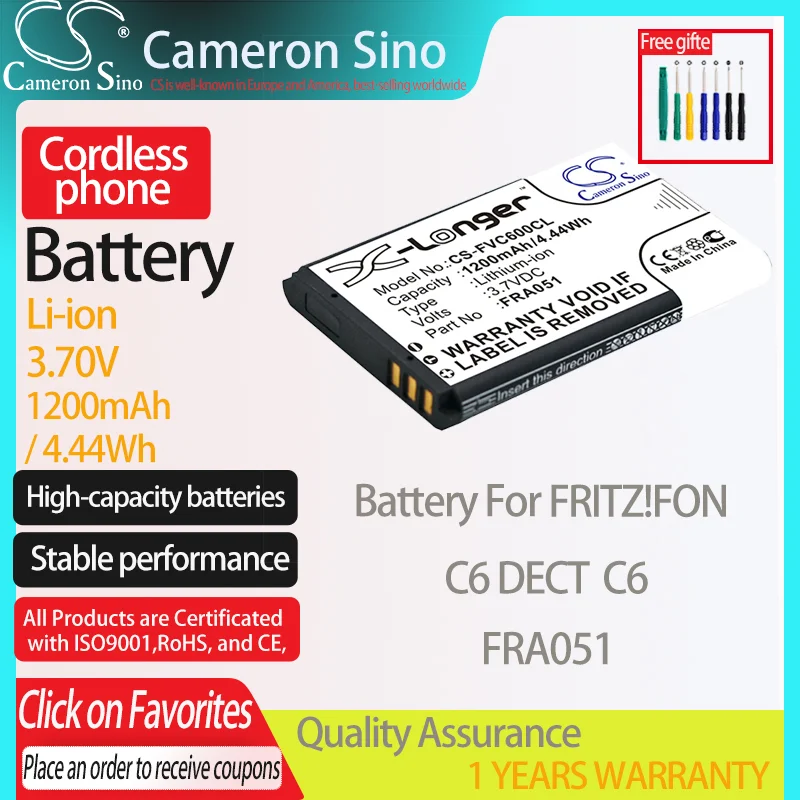 Batteria Cameronsino Per Fritz!Fon C6 C6 Dect Per Fritz! Batteria Per Telefono Cordless Fon Fra051, Batteria Fissa 1200Mah/4.44Wh 3.70V