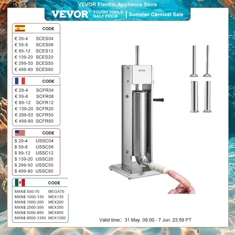 VEVOR 3 5 7 L Manual Sausage Stuffer Stainless Steel Making Sausage Vertical Maker with 5 Filling Funnels for Home Commercia