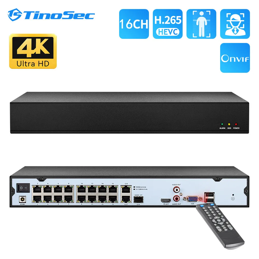 TinoSec 16CH Network Video Recorder H.265 4K 8MP Human Detection