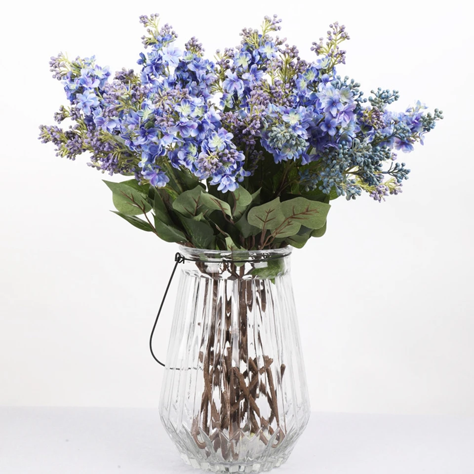 6 Rami Di Fiori Artificiali Lilla 64 Cm - Viola E Blu, Seta Realistica, Composizioni Per Vasi E Centrotavola - Decorazione Casa - 2