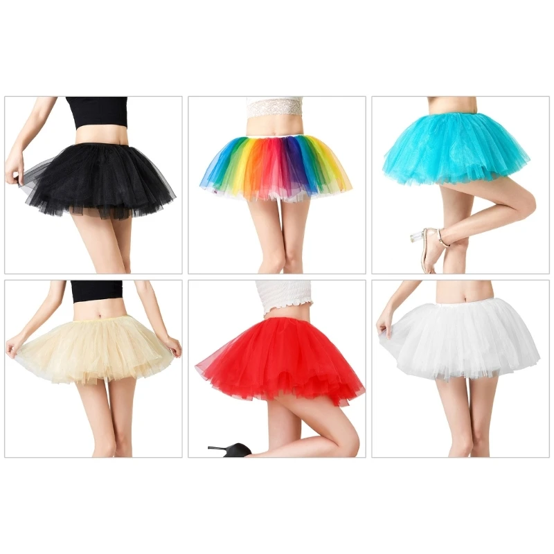 

50JB Women Ballet Dance Layered Mesh A-Line Short Skirt Rainbow Tulle Mini Skirt