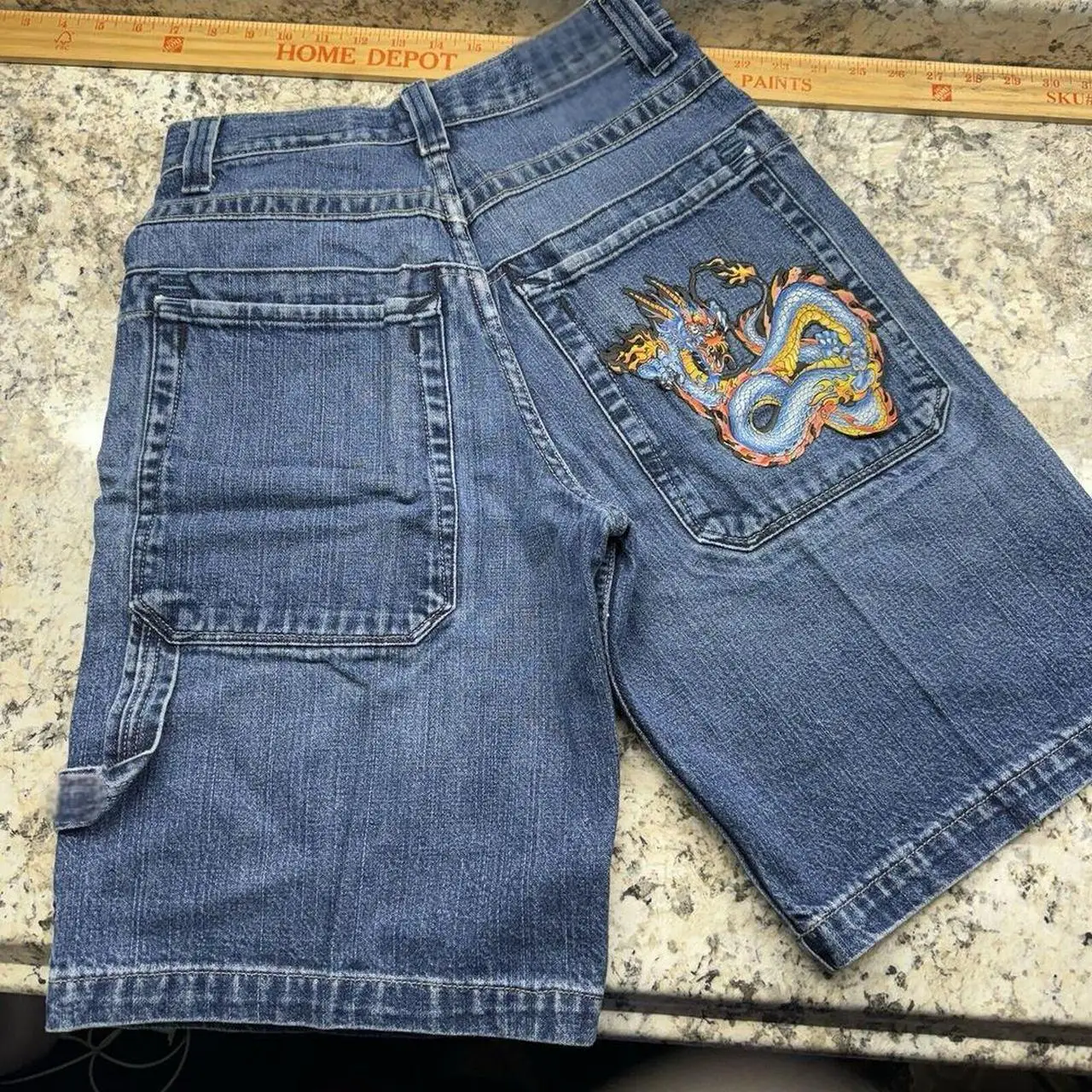 Y2K Retro Streetwear Dragon Shape Pattern Patchwork Denim Short Jeans Men Women Hip Hop Blue Loose Jorts Fitness Casual Shorts