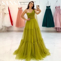 Sansa Sexy One Shoulder فساتين السهرة Mustard Green A-line Prom Dress Elegant Multilayer Sleeveless Vestidos De Noche