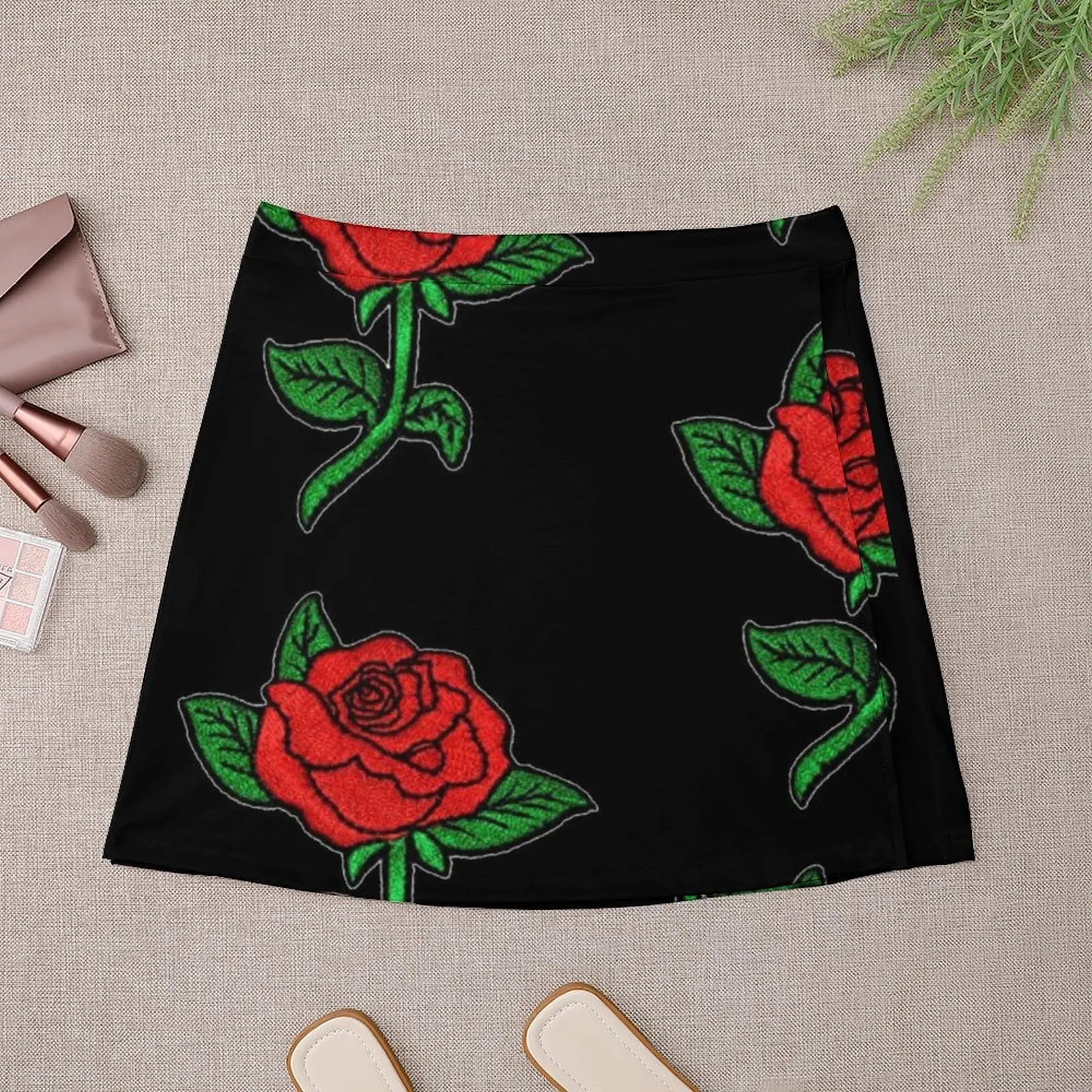 Rose Patch Black Mini Skirt new in clothes Woman clothing