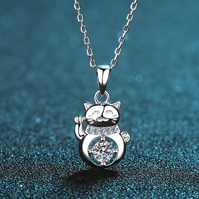 

S925 Sterling Silver cute charm Cat Pendant Necklace Women's silver plated fine jewelry D color VVS Diamond simple Pendant 0.3CT