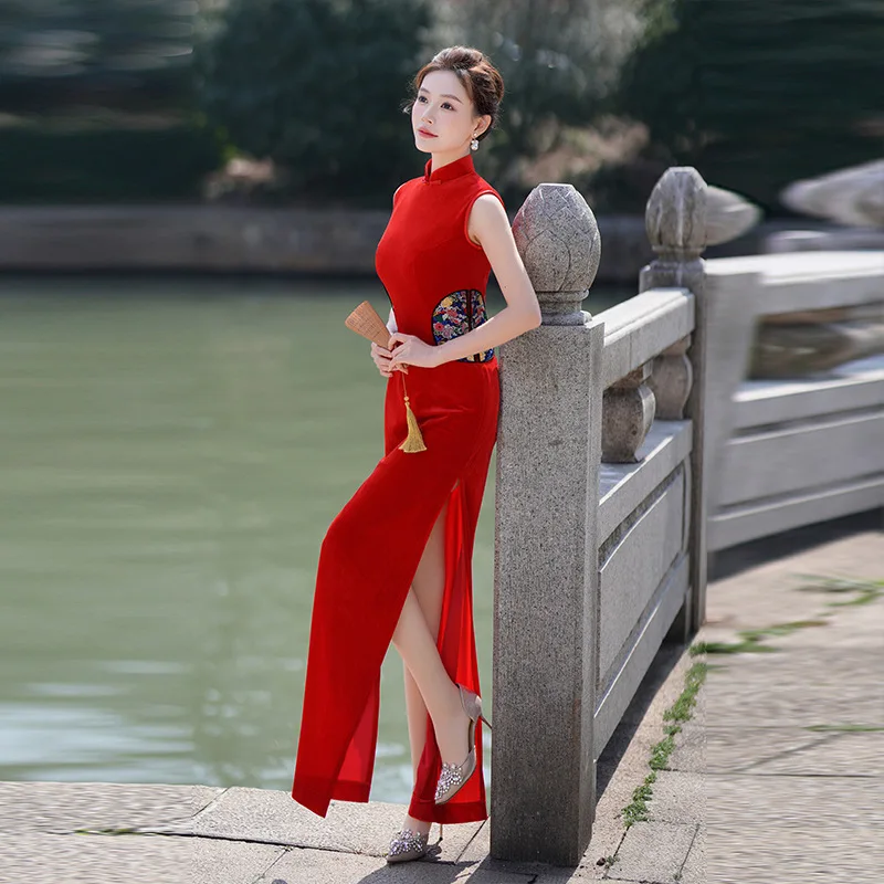 

Velour High Split Cheongsam Vintage Chinese Traditional Prom Party Evening Dress Vestidso Retro Mandarin Collar Perform Qipao