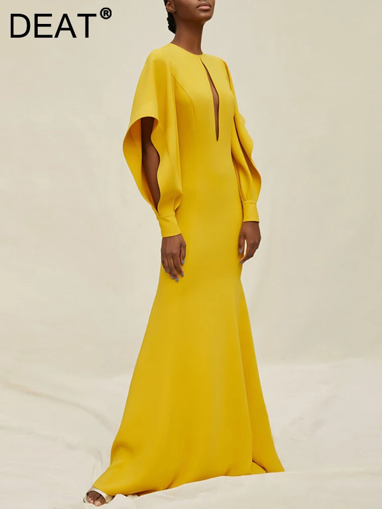 

DEAT Women Fashion Evening Dress O-neck Hollow Out Long Sleeve Solid Color Split Elegant Party Dresses Autumn 2023 New 13DB3073