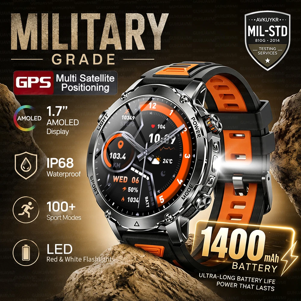 2026 New GPS Tracker 1400mAh Smartwatch Men 200-Day Standby Clock Rugged Outdoor Sport IP68 Waterproof Flashlight  Call Watches 1