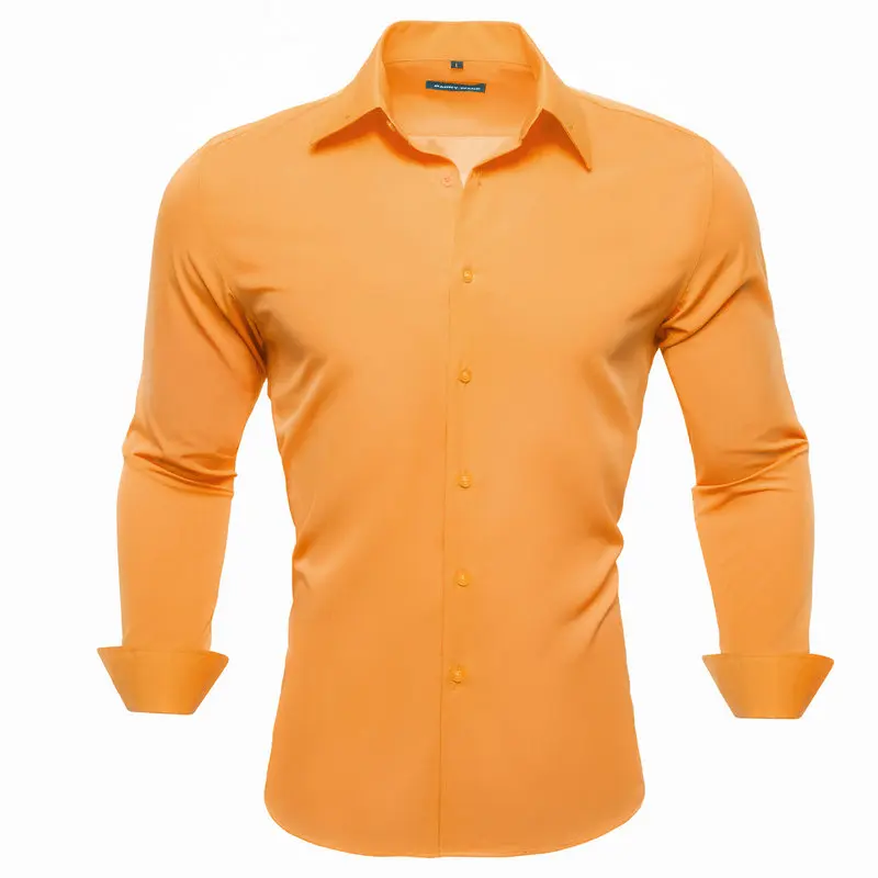 

Orange Men Silk Shirt Exquisite Design Solid Woven Long Sleeve Turn-Down Collar Casual Groom Wedding Business Barry.Wang CY-744